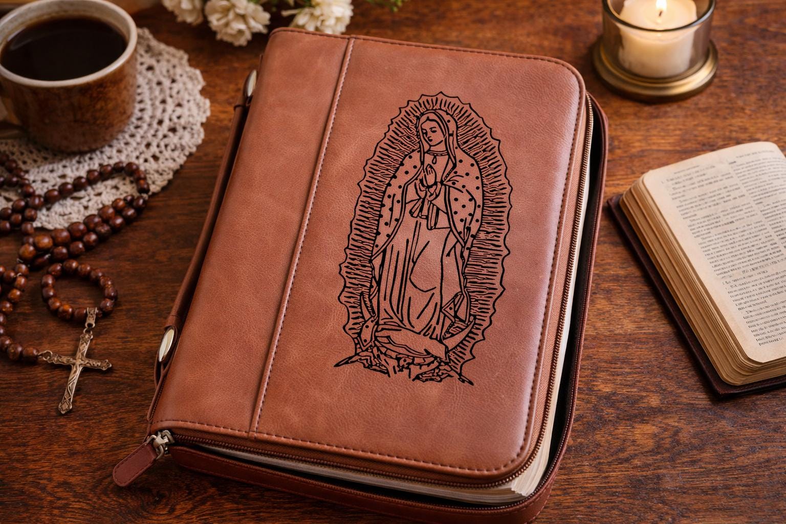 Our Lady of Guadalupe Bible Cover – Small Engraved Leatherette (6.75” x 9.25”)