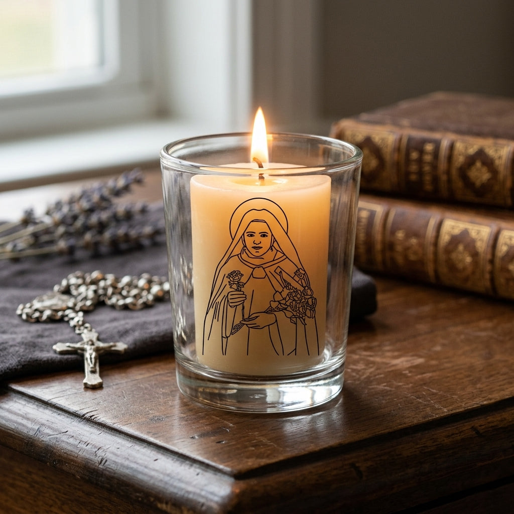 St. Therese of the Child Jesus Glass Votive Holder – Little Flower Candle – Includes Pure Beeswax Candle