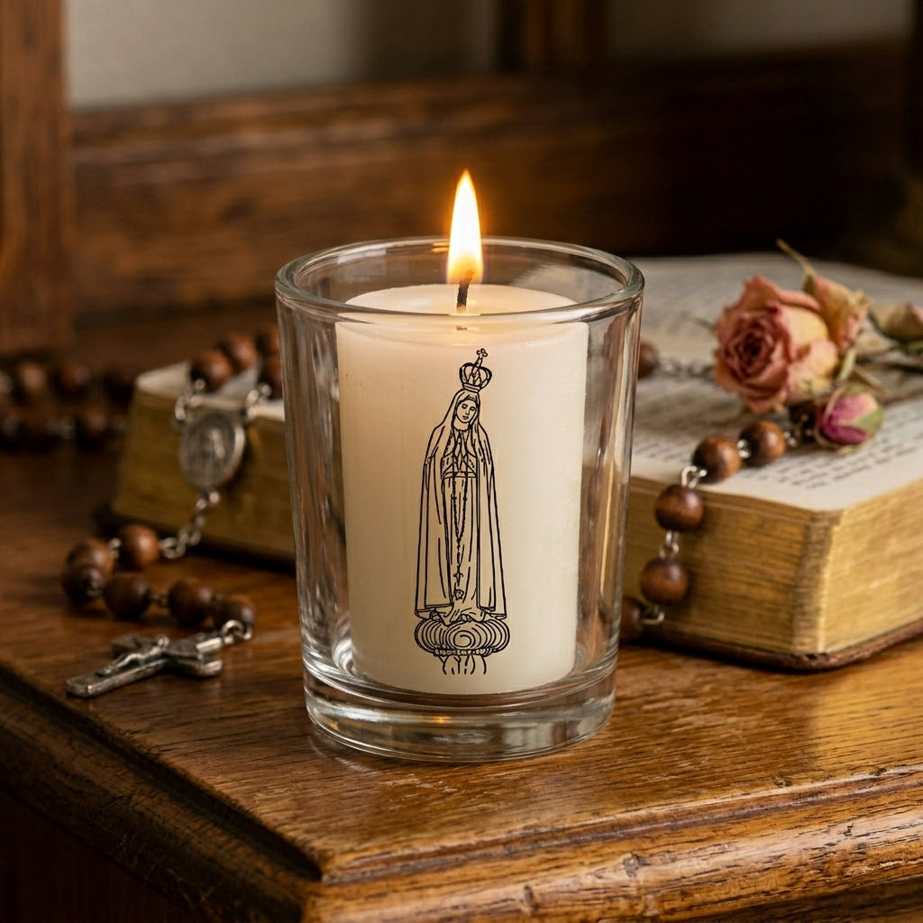 Our Lady of Fatima Glass Votive Holder