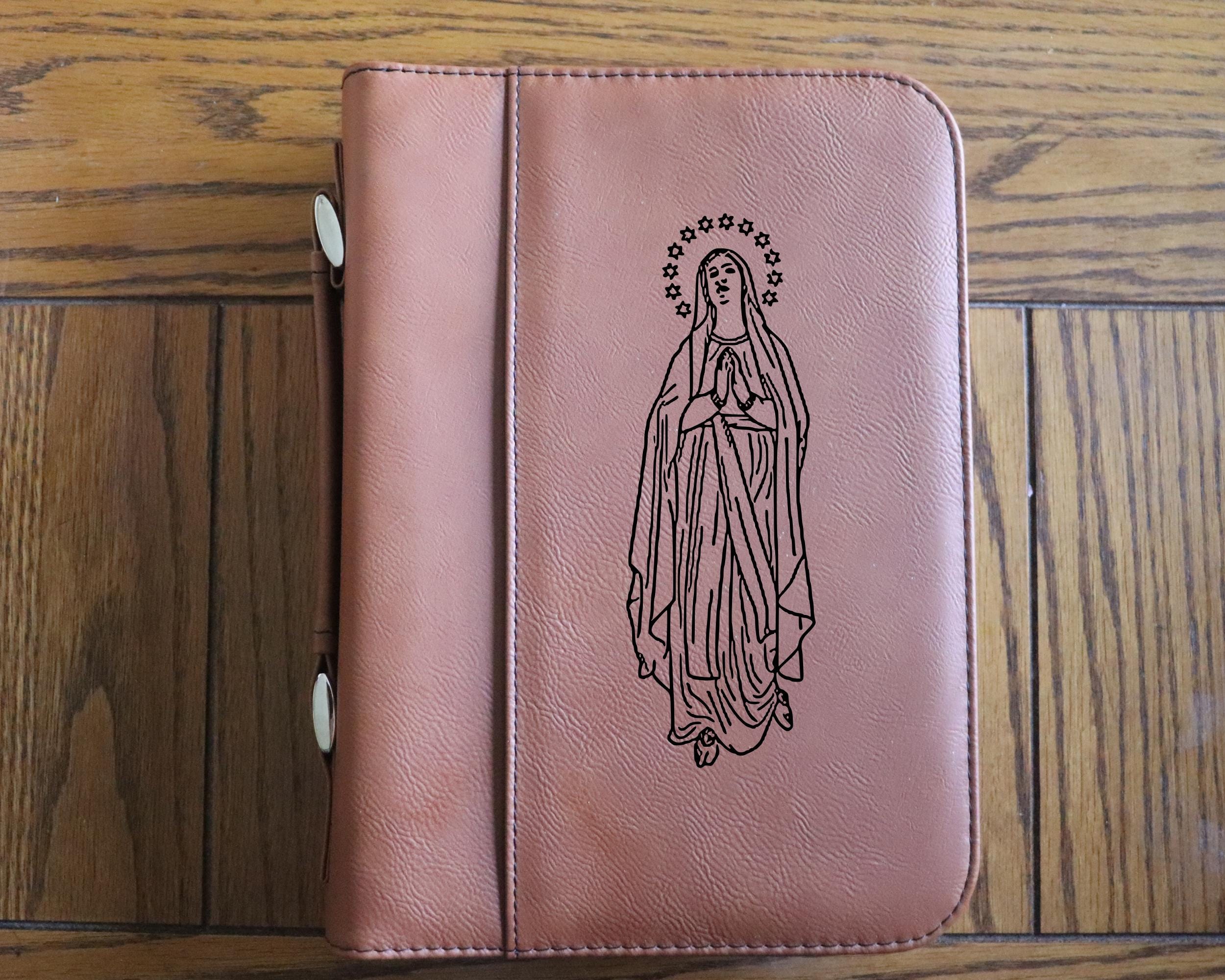 Our Lady of Lourdes Bible Cover – Small Engraved Leatherette (6.75” x 9.25”)