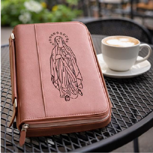 Our Lady of Lourdes Bible Cover – Small Engraved Leatherette (6.75” x 9.25”)