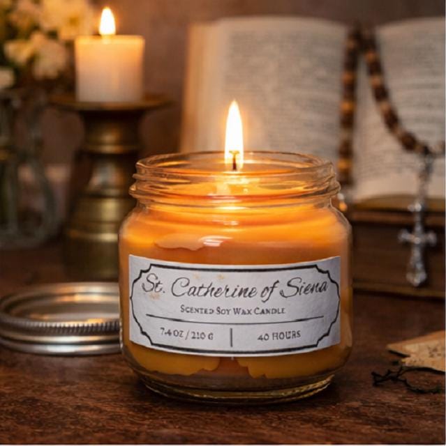St. Catherine of Siena Cinnamon Candle – 8 oz Soy Mason Jar (40+ Hour Burn)