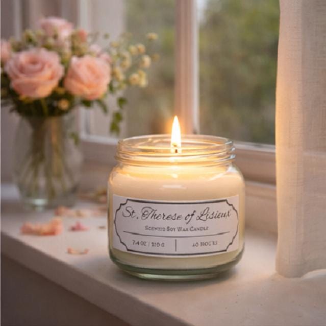 St. Therese of Lisieux Vanilla Candle – 8 oz Soy Mason Jar (40+ Hour Burn)